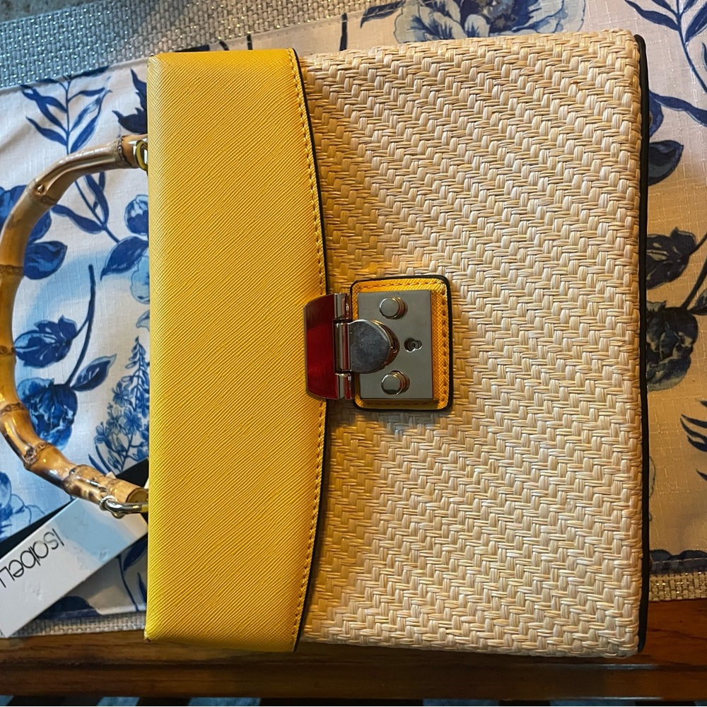 Yellow and Beige Woven Handbag with Bamboo Handle